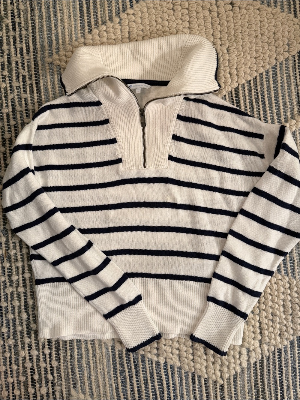 Southern Tide White and Navy Striped Half-Zip Cowl Sweater